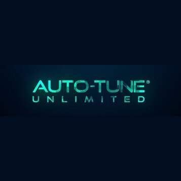 Grafický obrázek s nápisem AUTO-TUNE® UNLIMITED v tyrkysově modré barvě na tmavém pozadí. Písmo má digitální vzhled s viditelným rozdělením na malé č…