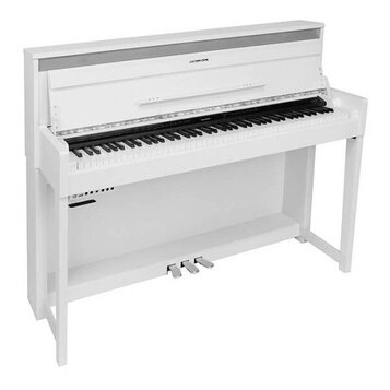 Bílé digitální piano s přívodním stojanem a třemi pedály. Na horní části krytu je umístěn nápis "CAYTON-CROME". Nástroj vykazuje čistý, hladký povrch…