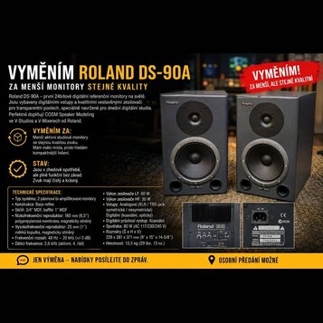 Dva černé studiové monitory značky Roland. Na přední straně obou reproduktorů je v levém horním rohu bílý nápis Roland. Zadní strana jednoho z monito…