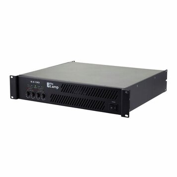 Černý rackový zesilovač s kovovým šasi a horním krytem v šedé barvě. Na předním panelu je nápis E4-130 a logo the t.amp. Vlevo se nachází čtyři ovlad…