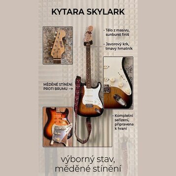 Elektrická kytara s tělem v sunburst provedení, bílým pickguardem a tmavým hmatníkem. Na hlavě krku je nápis SKYLARK. Kolaž obsahuje detailní snímky…