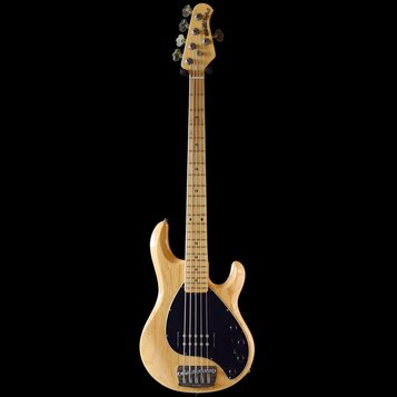 Pětstrunná elektrická basová kytara s přírodním dřevěným povrchem těla a hmatníkem. Tělo má černý pickguard, na kterém je umístěn jeden snímač. Na hl…