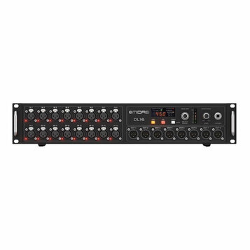 Černý rackový stagebox s nápisem MIDAS a označením DL16. Na levé straně se nachází 16 vstupů XLR s označením IN 1 až IN 16, u kterých svítí červené k…