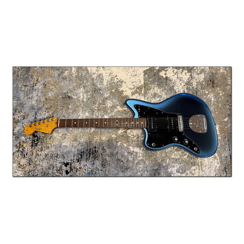 Modrá elektrická kytara s černým pickguardem a hnědým hmatníkem. Na hlavě je viditelné logo Fender a nápis Stratocaster. Kytara má jeden humbucker u…