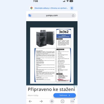 Fotografie znázorňuje produktový list pro koncertní reproduktorový systém. Je zde vidět černý reproduktorový systém s připojeným zesilovačem a textov…