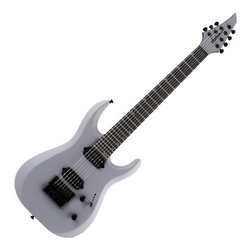 Světle šedá elektrická kytara s tmavým hmatníkem a černými komponenty. Na hlavě je bílý nápis Jackson. Nástroj má dva humbuckery, jeden ovládací knof…
