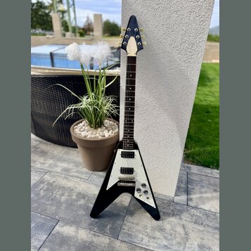 Černá elektrická kytara s V-tvarým korpusem a bílým pickguardem. Na hlavě hmatníku je vidět nápis Aria. Nástroj má dva humbuckery, tři ovládací knofl…