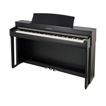 Černý digitální piano v celočerném provedení s bílými a černými klávesami. Na přední straně nad klávesnicí je bílý nápis KAWAI. Nástroj obsahuje inte…