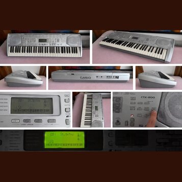 Série fotografií zobrazuje stříbrný elektronický klavír značky CASIO, model CTK-800. Nástroj má plastové provedení a v pravé části jsou integrované r…