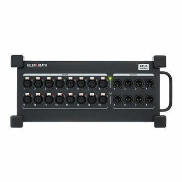 Černý rackový stagebox s nápisy ALLEN&HEATH a DX168 AudioRack. Zařízení má 16 vstupů označených jako INPUTS (čísla 1–16) a 8 výstupů označených jako…
