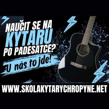 Reklamní grafika s černým pozadím, modrými blesky a textem „NAUČIT SE NA KYTARU PO PADESATCE? U nás to jde!“. V pravé části je zobrazena černá akusti…