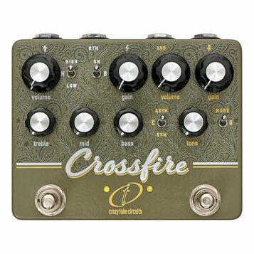 Kytarový efekt pedál v olivově zelené barvě s ozdobným reliéfem na povrchu. Na spodní části je bílý nápis Crossfire a pod ním logo s textem crazy tub…