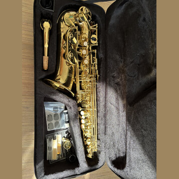 Zlatý saxofon v černém kufru. Na zvonu nástroje je nápis "YAMAHA". V kufru se nachází také munční dutina, sada plátků v obalu a další drobné přísluše…