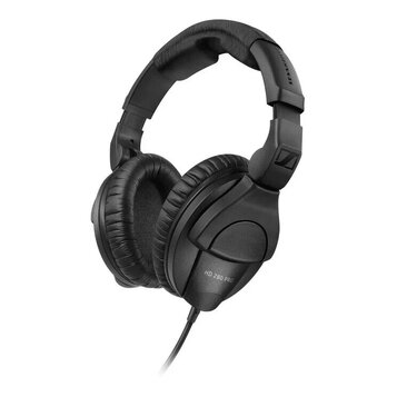 Černé náhlavové sluchátka s polstrováním na hlavě a mušlích. Na pravém stupnu náhlavové stěny je nápis SENNHEISER a na mušli model HD 280 PRO. Na bok…