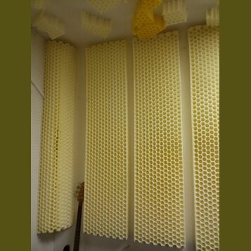 Fotografie zobrazuje akustické pěnové panely s voštinovou strukturou v krémové barvě. Panely jsou umístěny na stěnách a stropě místnosti. V levé část…
