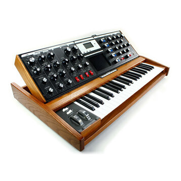 Synthesizátor s klaviatura v dřevěném rámu. Černý ovládací panel obsahuje numerous otočné knoflíky, posuvníky a červená tlačítka s nápisy LFO, MODULA…