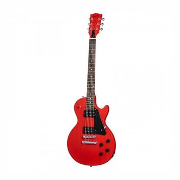 Červená elektrická kytara s tvarem typu Les Paul. Na hlavě je viditelné bílé logo Epiphone. Kytara má dva černé humbuckery, černý plecháč a čtyři čer…