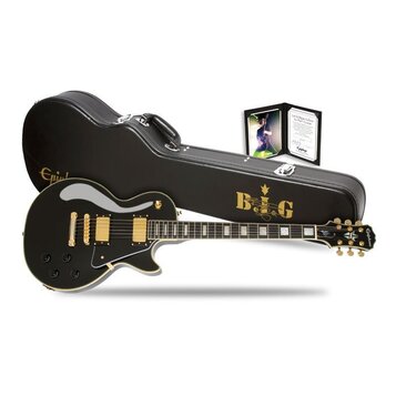 Černá elektrická kytara typu Les Paul se zlatým hardwarem a bílým lemováním. Na hlavě je logo Epiphone, na hrazence jsou vložky s nápisem „The Notori…