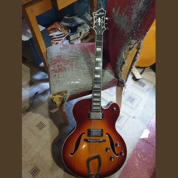 Polodublová elektrická kytara s červeně-žlutým sunburst povrchem a f-otvory. Na hlavě je bílý nápis „Kay Raven“. Kytara má dva snímače, tři ovládací…