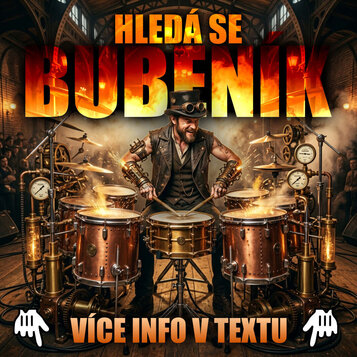 Digitální grafika s textem HLEDÁ SE BUBENÍK a VÍCE INFO V TEXTU. Zobrazuje muže v koženém oblečení a klobouku s brýlemi, který hraje na atypickou bic…