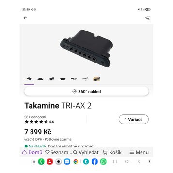 Černý přehlédací pedalboard s pěti vstupními konektory. Na horní části je viditelné zlaté logo Takamine. Povrch je matný a v dobrém stavu.