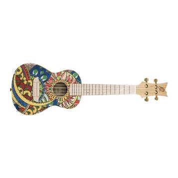 Ukulele s tělem pokrytým barevným ornamentálním vzorem v červené, modré a žluté barvě. Hmatník a hlava jsou z přírodního světlého dřeva, na hlavě je…
