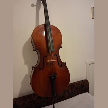 Hnědý smyčkový nástroj, pravděpodobně violoncello, s lakovaným dřevěným povrchem. Nástroj má čtyři struny a černé hmatníky a kolky. Na fotce nejsou v…