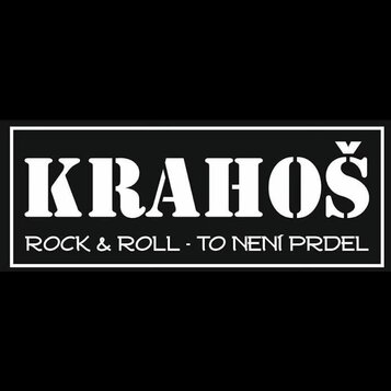 Černý obdélníkový banner s bílým rámem. Uprostřed je velkým bílým písmem napsáno KRAHOŠ a pod ním menším písmem text ROCK & ROLL - TO NENÍ PRDEL.