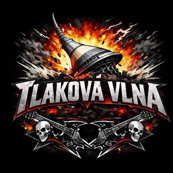 Grafický obrázek s nápisem TLAKOVÁ VLNA v kovovém stylu. V horní části je znázorněna exploze a zničovaná budova připomínající televizní věž. Ve spodn…