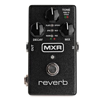 Kytarový efekt pedál značky MXR s nápisem reverb. Černý kovový povrch s texturou, tři ovládací knoflíky označené TONE (s nápisem PUSH TO CYCLE), DECA…