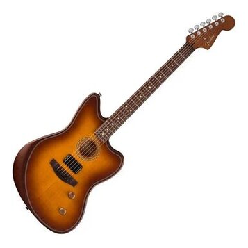 Akustická kytara s barevným přechodem od žluté k tmavě hnědé. Na hlavě je viditelné logo Fender. Nástroj má hnědý hmatník a černý ozvukový otvor s mř…