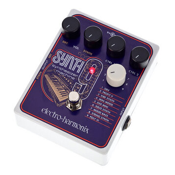 Bílý efekt pedál s fialovým horním panelem a červeným vymezením. Na panelu je nápis SYNTH synthesizer machine, logo electro-harmonix a seznam devíti…