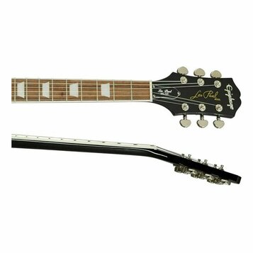 Detail hředu a hlavy elektrické kytary s černým povrchem. Na hlavě jsou nápisy Epiphone, Les Paul MODEL a na zadní straně hředu Lee Paul MUSE. Hmatní…