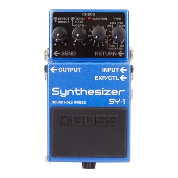 Modrý kytarový efekt s nápisem Synthesizer SY-1 a logem BOSS na černém spínacím pedálu. Horní část obsahuje čtyři otočné ovladače a nápisy EFFECT DIR…