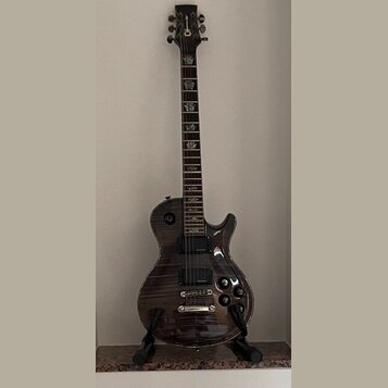 Tmavně hnědá elektrická kytara s výraznou sletovanou strukturou dřeva na těle. Na hlavě je viditelné logo "Schecter". Nástroj má dva humbuckery, dvě…