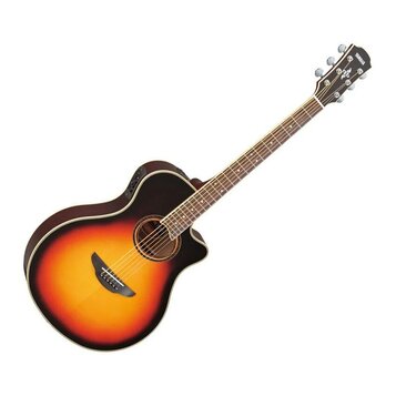 Akustická kytara s vyřezem v těle a barvou přecházející z černé přes oranžovou do žluté. Na hlavě hрифu je bílý nápis YAMAHA. Nástroj má hnědý hmatní…