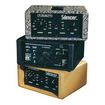 Tři zařízení značky Silencer™. Horní jednotka má šedý texturovaný povrch a nápis The Tube Amp Doctor, spodní jednotka má žlutý žebrovaný povrch. Pros…