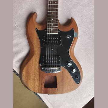 Elektrická kytara s přírodním dřevěným povrchem a černým pickguardem. Nástroj má dva humbuckery, dvě otočné potenciometry a jeden přepínač. V dolní č…