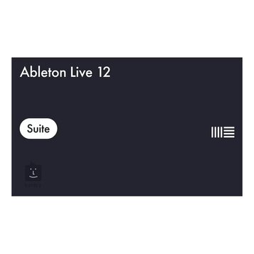 Grafický obrázek s tmavým pozadím. V horní části je bílý nápis Ableton Live 12 a vlevo v bílém oválu slovo Suite. Vpravo je umístěno bílé logo tvořen…