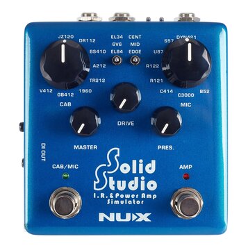 Modrý kytarový pedál s nápisem Solid Studio I.R.& Power Amp Simulator a logem NUX. Zařízení má pět černých otočných ovladačů s popisky CAB, DRIVE, MI…