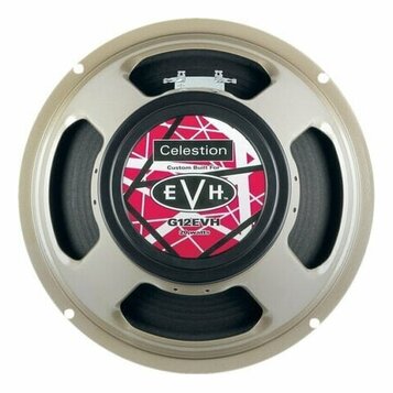 Kruhový reproduktor s béžovým kovovým rámem. Uprostřed je štítok s červeným vzorem a nápisy Celestion, Custom Built For EVH. Spodní část štítku obsah…