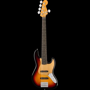 Pětystrunná elektrická basová kytara s tělem v provedení sunburst a světlou hnedou pickguardem. Na hlavě je viditelné logo Fender. Nástroj má dvě sní…