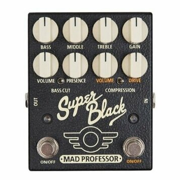 Černý kytarový efekt s nápisem Super Black a logem MAD PROFESSOR. Zařízení má osm bílých otočných ovátků s popisy BASS, MIDDLE, TREBLE, GAIN, VOLUME,…