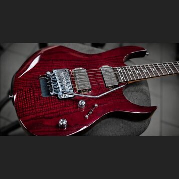 Elektrokytara s tmavě červeným lakem a viditelnou strukturou dřeva. Nástroj má dva humbuckery, chromovaný tremolo systém a dva ovládací knofíky. Na t…