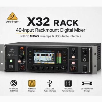 Digitální mixážní pult v rackovém provedení značky behringer, model X32 RACK. Zařízení je černé s LCD displejem, několika ovládacími tlačítky a dvěma…
