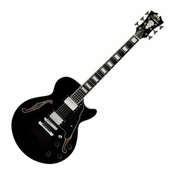 Černá polodublová elektrická kytara s dvěma f-otvory a bílými blokovými vložkami na hmatníku. Na hlavě je viditelné logo Epiphone. Nástroj má dva hum…