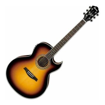 Akustická kytara s vyřezem v těle a barevným přechodem od žluté k černé (sunburst). Na hlavě hnedku je bílý nápis Ibanez. Nástroj vypadá být v novém…
