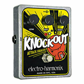 Kytarový efekt v kovovém šasi s žlutým a černým panelem. Na panelu je nápis KNOCKOUT ATTACK EQUALIZER, logo electro-harmonix a text MADE IN NYC, USA.…