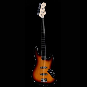 Čtyřstrunná elektrická basová kytara s tělem v provedení sunburst. Na hlavě hředu je viditelné logo Fender a nápis Jazz Bass. Nástroj má světlou hmat…