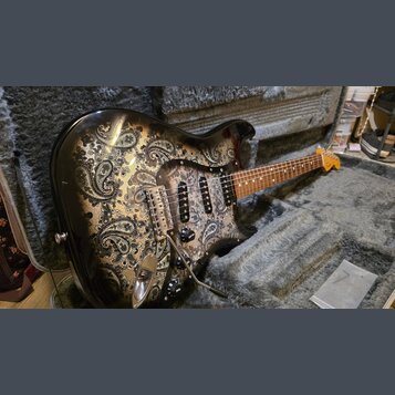 Elektrická kytara s černým lakem a výrazným zlatavě-šedým vzorem paisley na těle a pickguardu. Nástroj má hnědý hmatník, tři snímače a třy čtyři ovlá…
